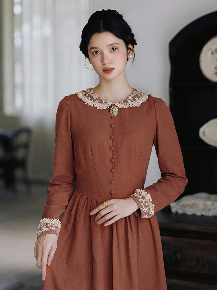 Autumn Rust Vintage Lace Collar Dress
