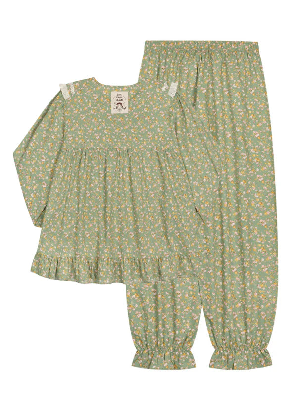Green Floral Lace Trim Pajama Set