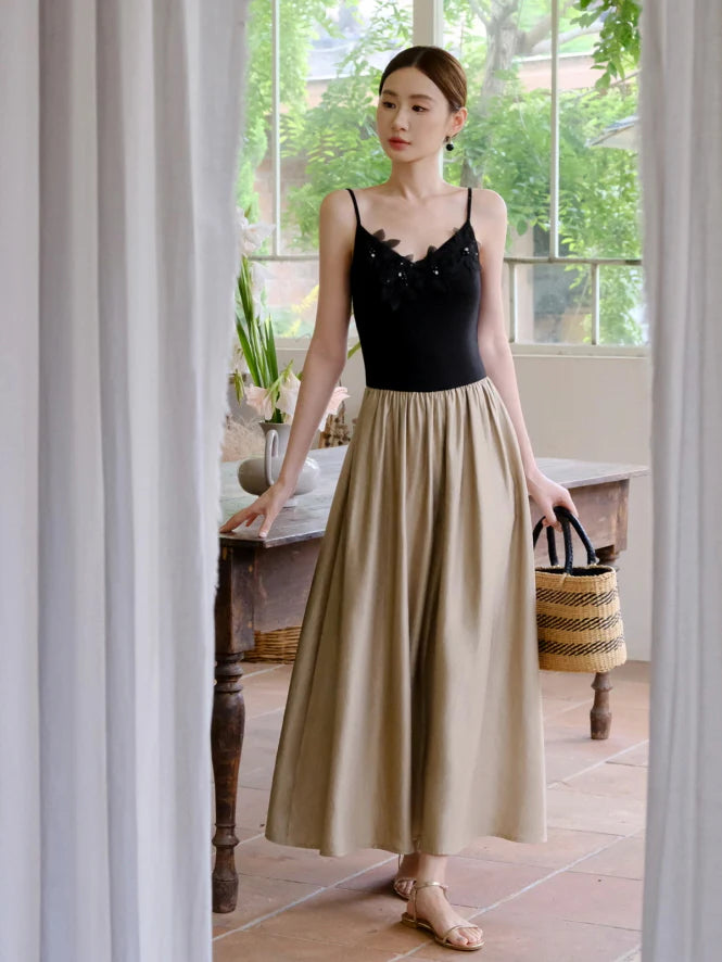 Black Blossom Bodice Two-Tone Dress