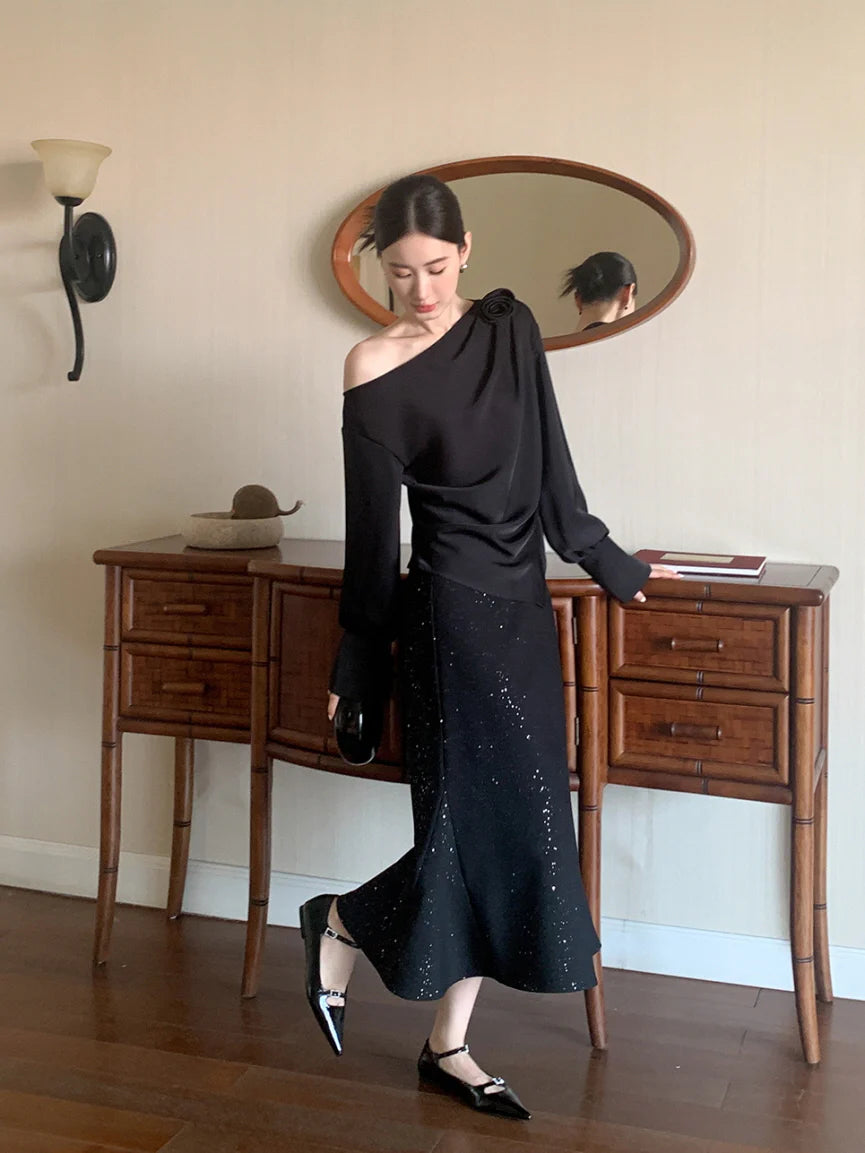 Off-Shoulder Flower Accent Blouse