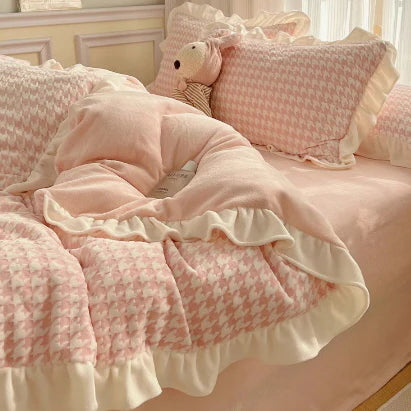 Pink Velvet Check Ruffled Bedding Set