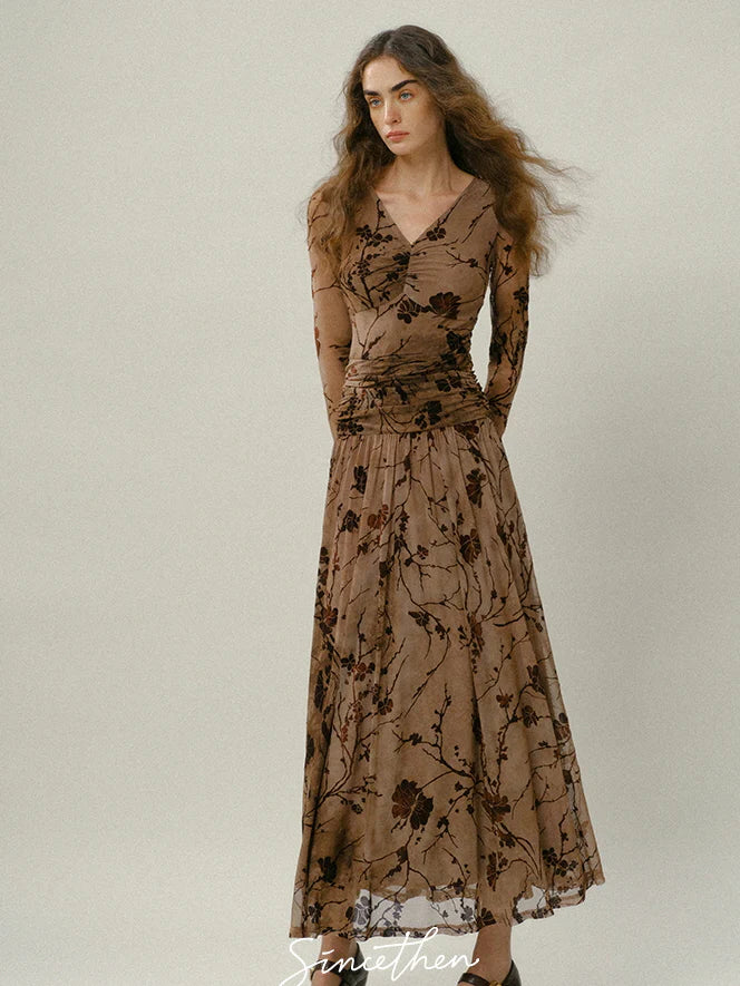 Brown Bloom Vintage Mesh Dress