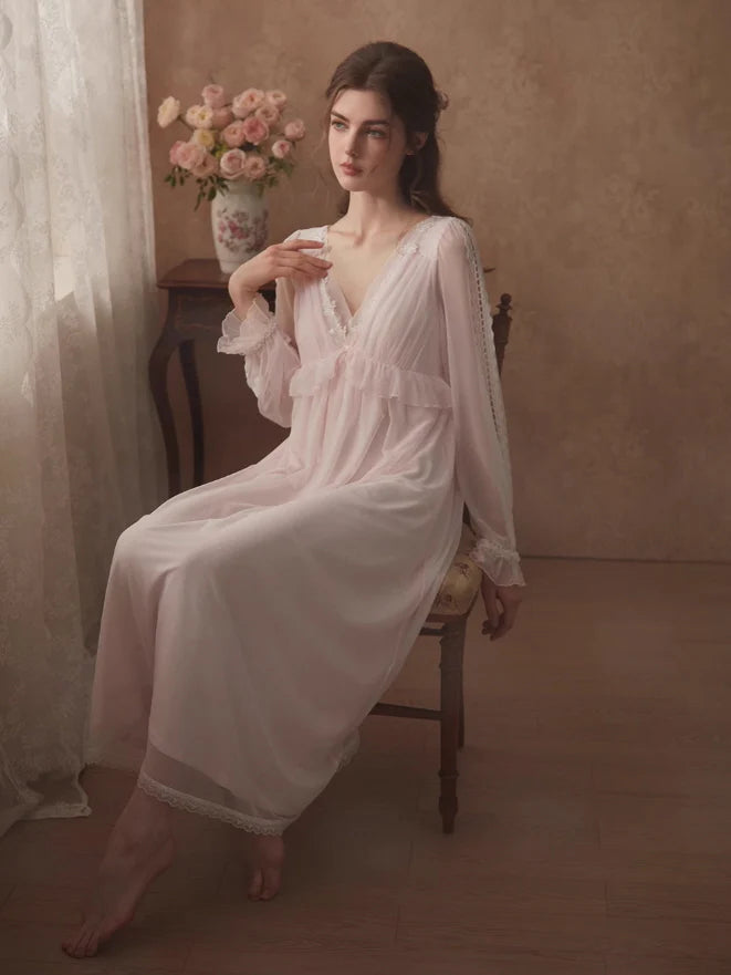 Ethereal Lace Trim Long Sleeve Nightgown