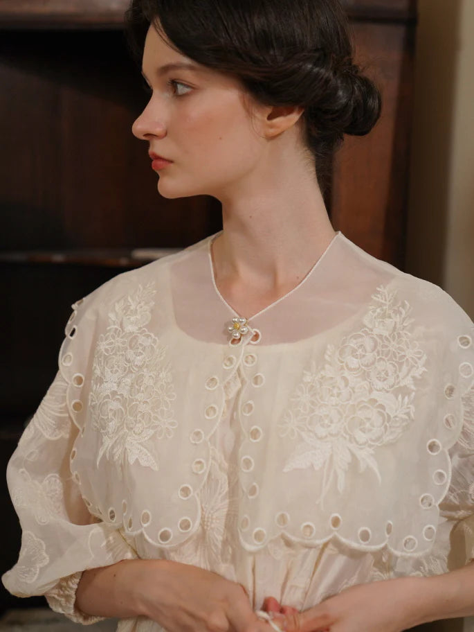 Embroidered Shawl Collar Tiered Dress