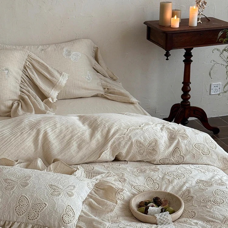 Ivory Butterfly Lace Ruffle Bedding Set