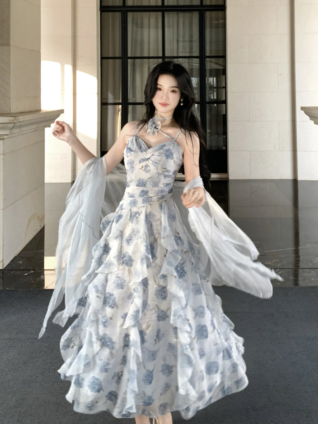 Whimsical Bloom Ruffle Chiffon Dress