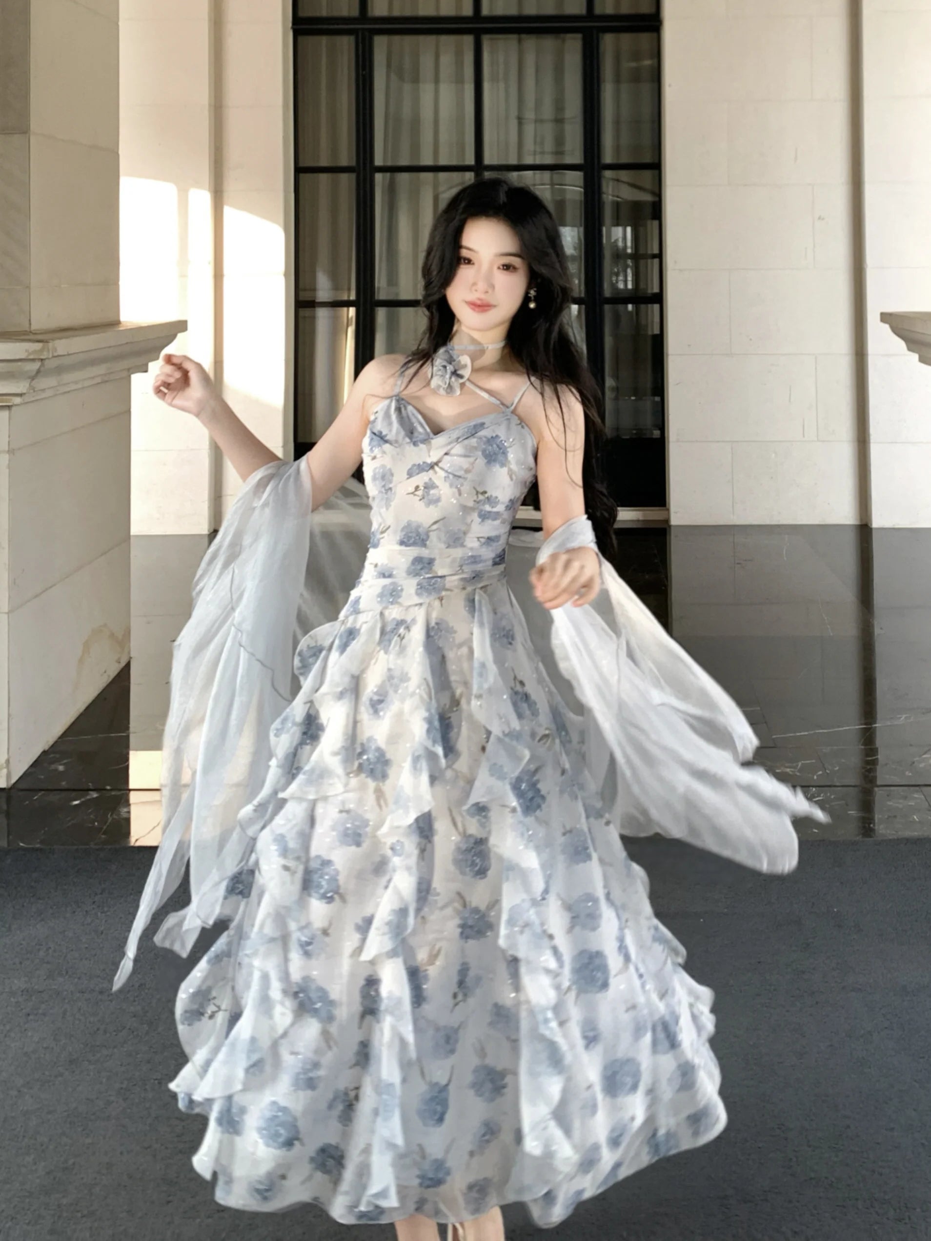 Whimsical Bloom Ruffle Chiffon Dress