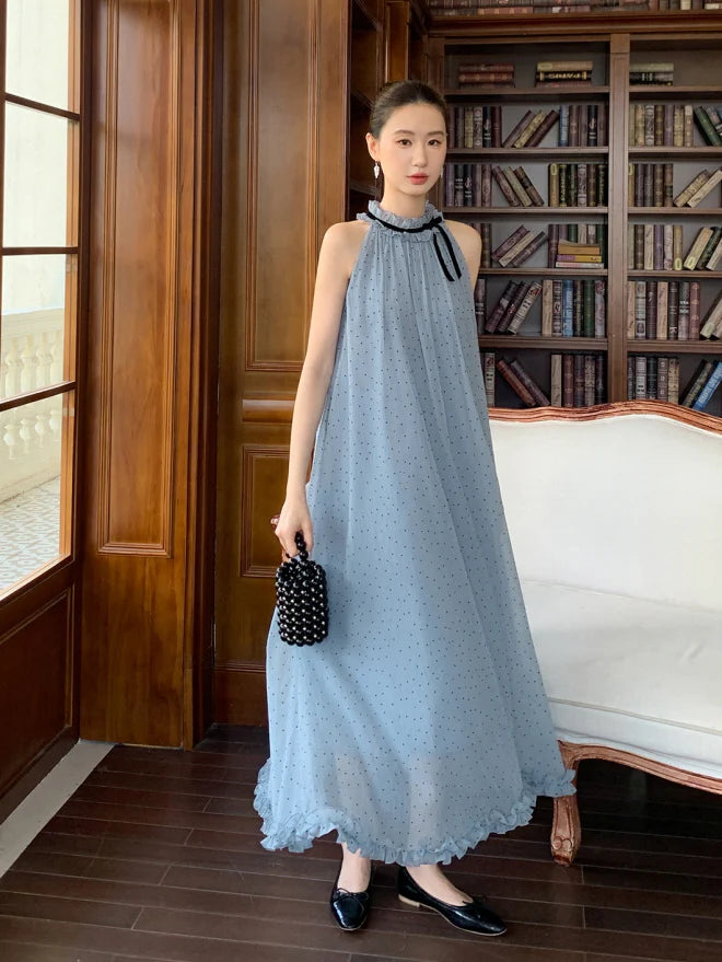 Blue Polka Dot Halter Maxi Dress
