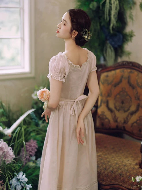 Blush Pearl‑Detail Lace Trim Dress