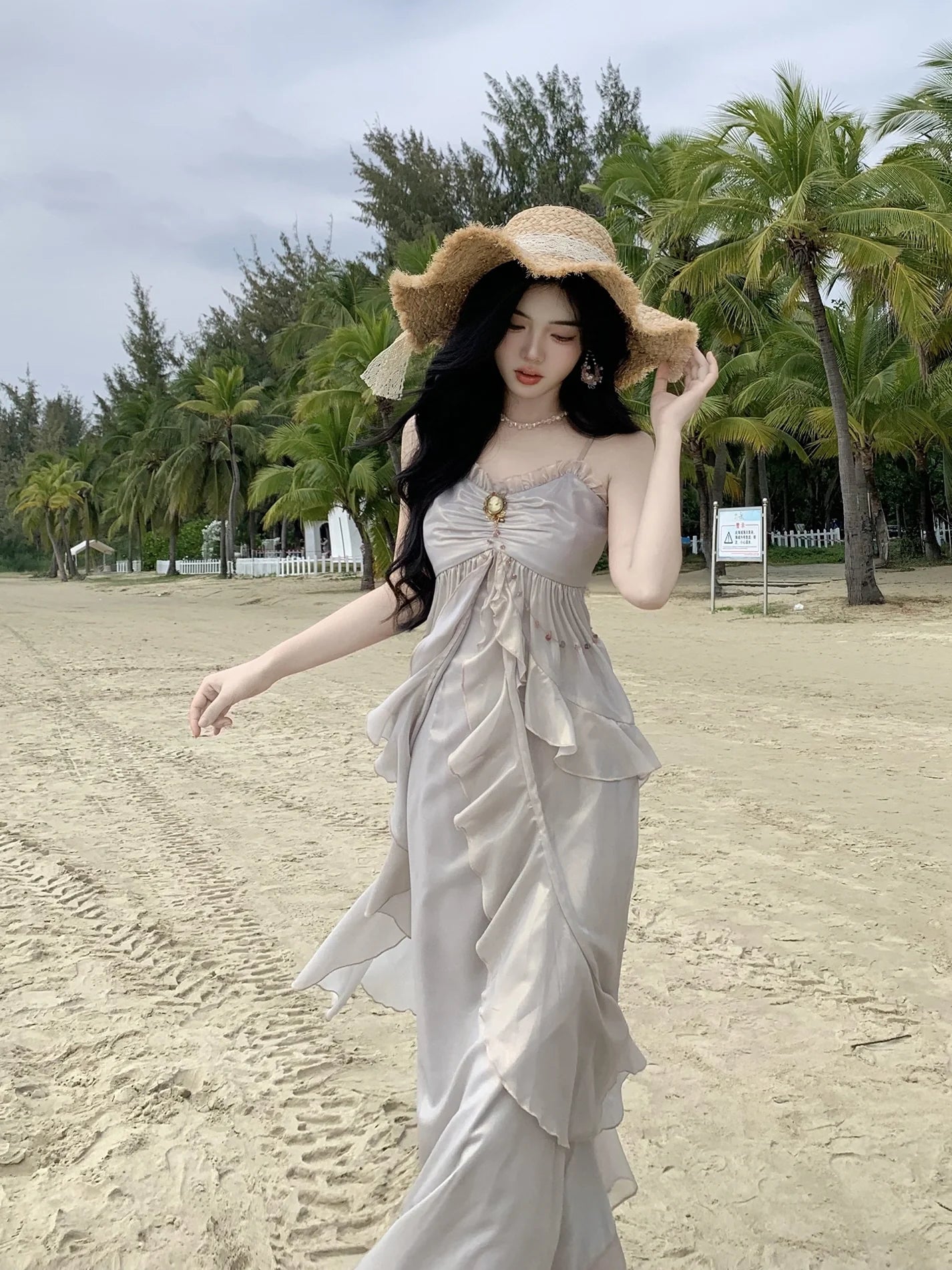 Vintage Brooch Elegance Ruffled Gown