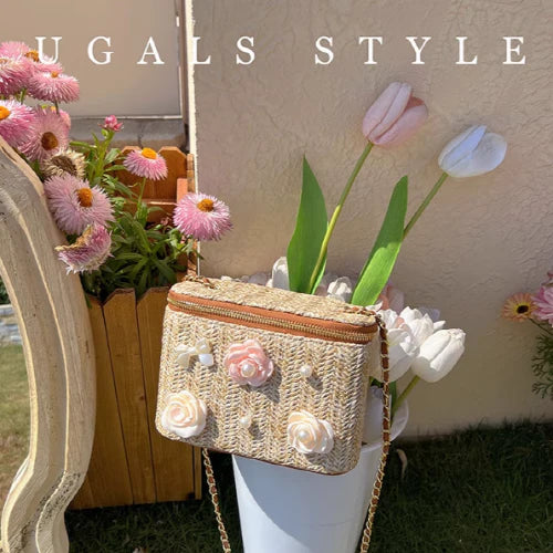 Flower Straw Woven Square Chain Bag