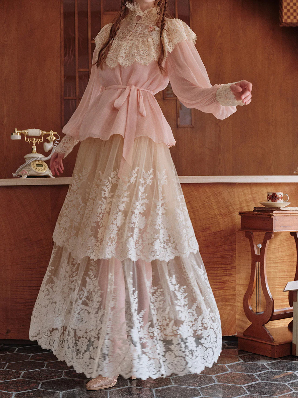 Vintage Lace Embellished Blush Pink Blouse