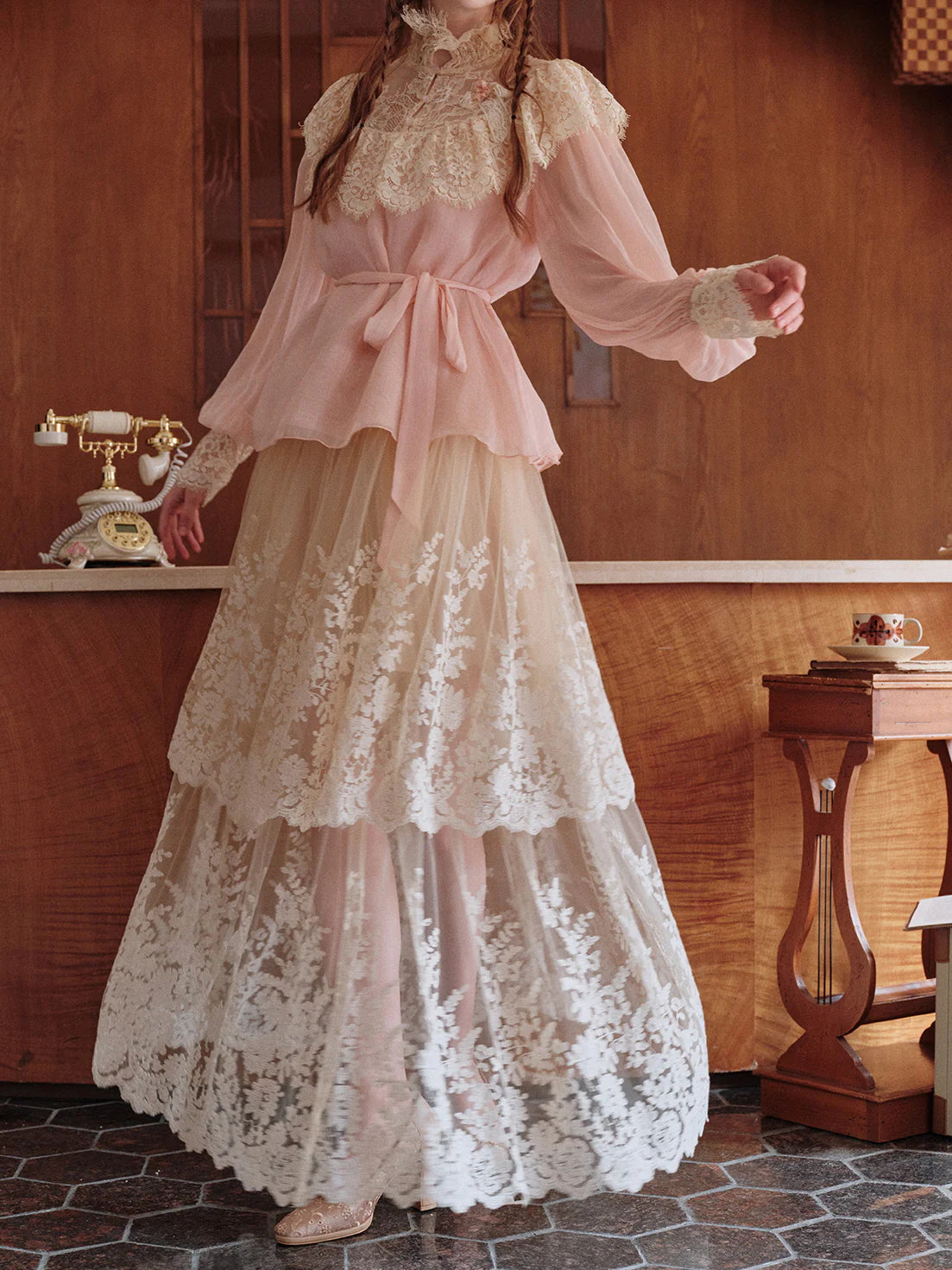 Vintage Lace Embellished Blush Pink Blouse