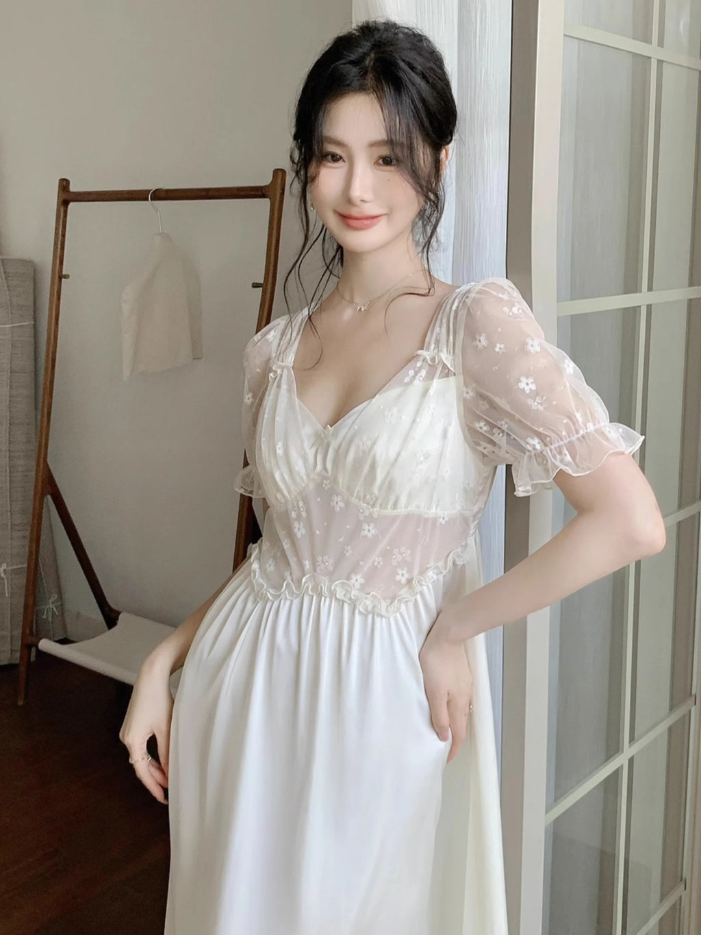 Blush Petal Embroidered Mesh Nightdress