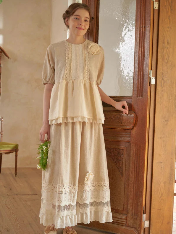 Linen Lace Garden Blouse and Skirt