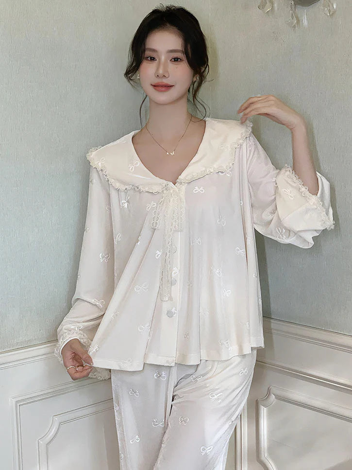 Whimsical Bow Lace Trim Loungewear Set