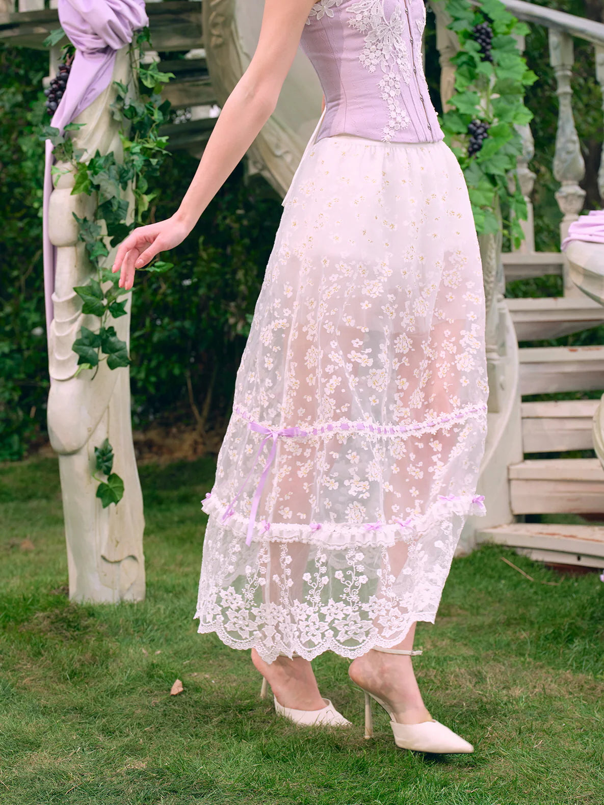 Floral Embroidered Corset & Sheer Skirt