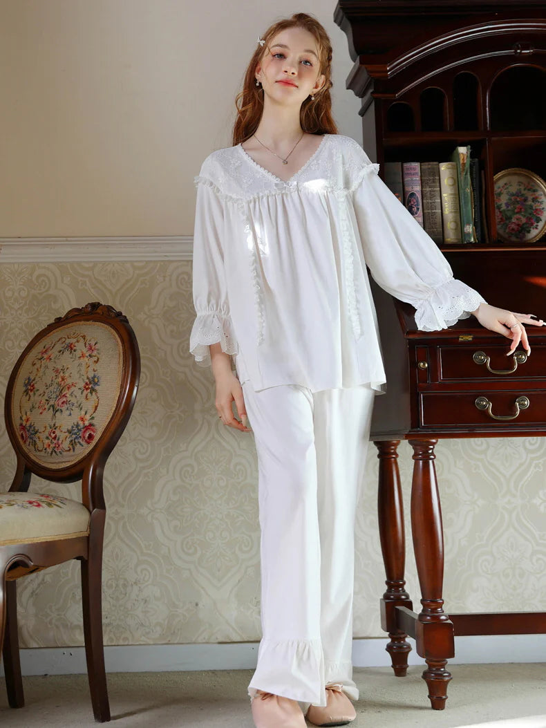 Floral Lace Trim Cotton Pajama Set