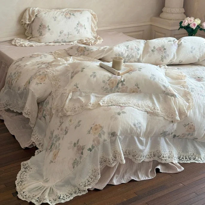 Vintage Rose Lace Trim Bedding Set