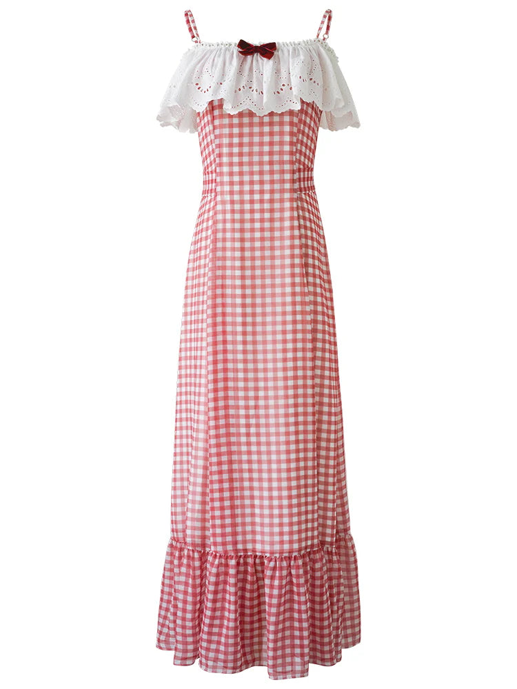 Red Gingham Off-Shoulder Frill Dress