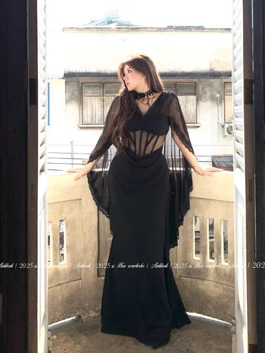 Ethereal Black Lace Drape Corset Gown