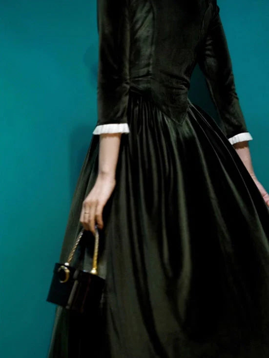 Ruffled Trim Royal Green Velvet Vintage Dress
