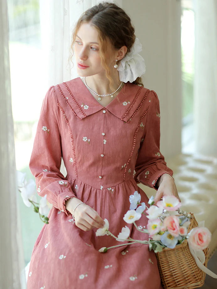 Daisy Dream Embroidered Pink Cotton Dress