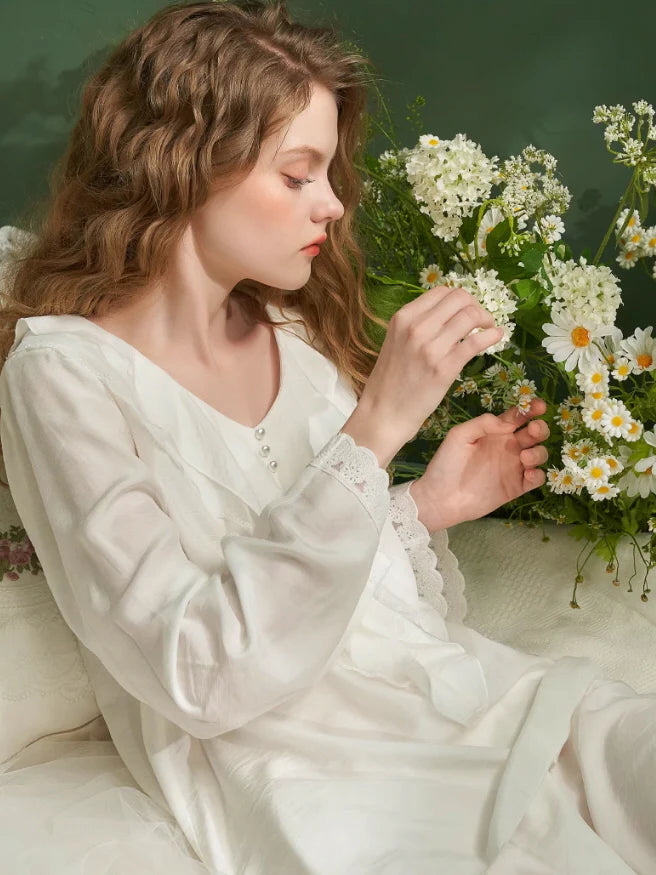 Elegant Ruffled Lace-Trim Pajama Set