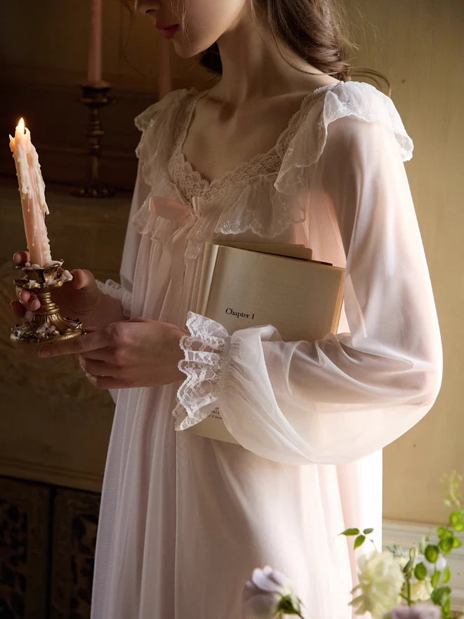 Ethereal Lace-Embroidered Long Nightdress