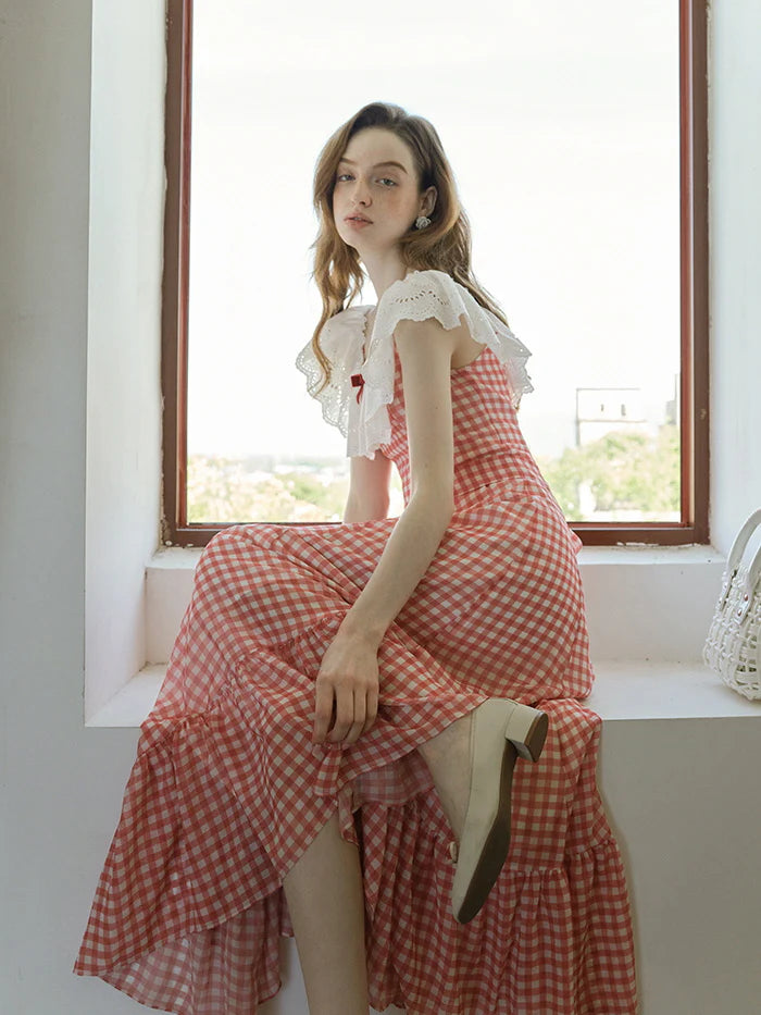 Red Gingham Off-Shoulder Frill Dress