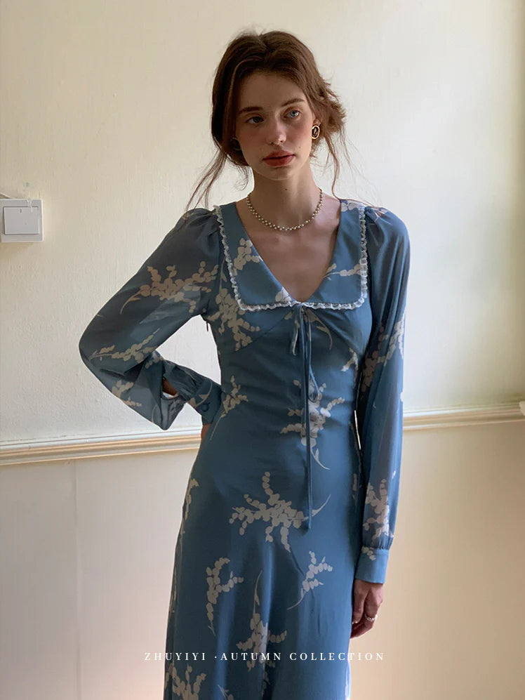 Blue Floral Retro Maxi Dress