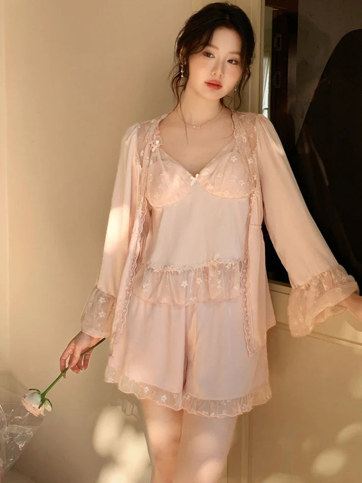 Blush Lace Layered 3-Piece Pajama Set
