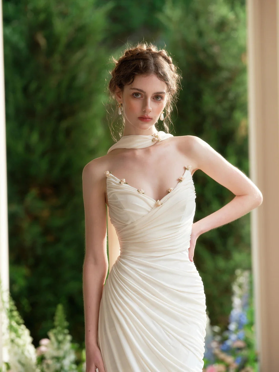 Enchanted Pearl Blossom Ruched Gown