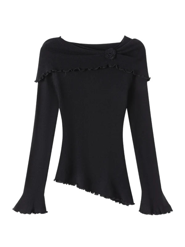 Rosette Charm Asymmetrical Knit Top