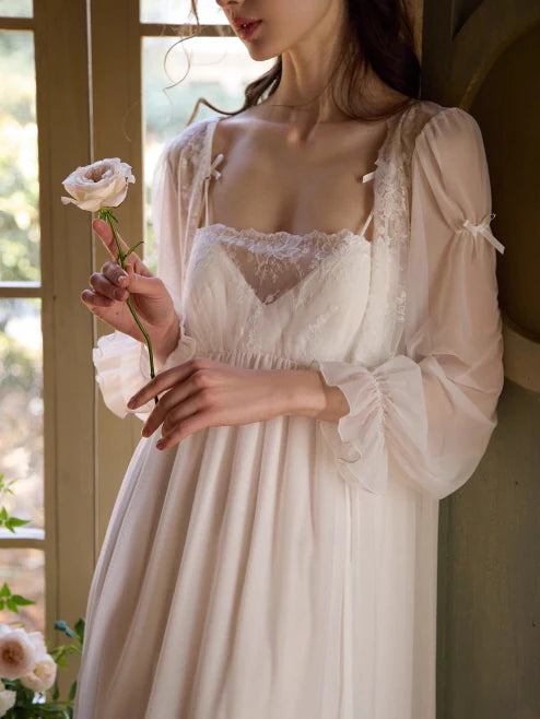 Sheer Veil White Lace Princess Nightgown