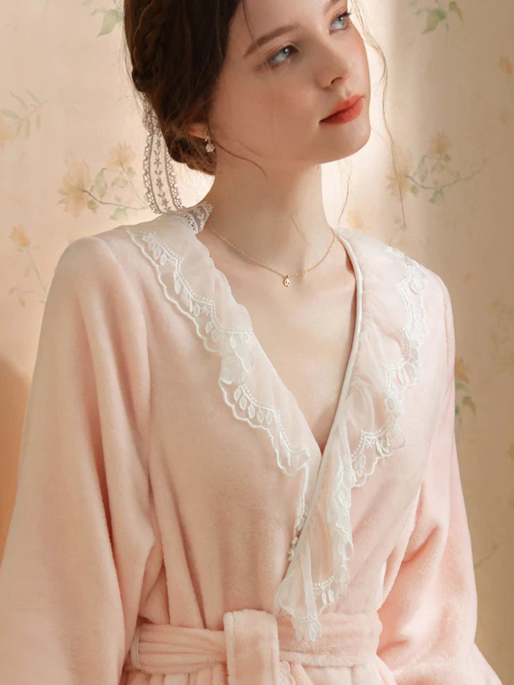 Velvet Lace-Trim Wrap Robe
