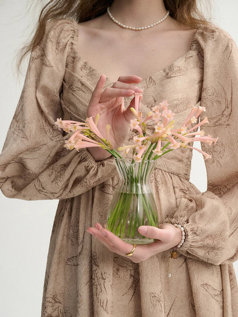 Vintage Botanical Puff-Sleeve Dress