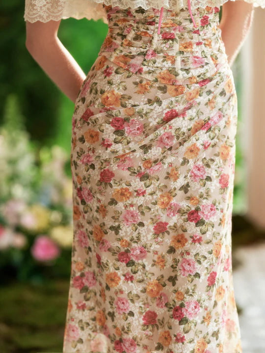 Floral Lace Off-Shoulder Corset Top & Skirt