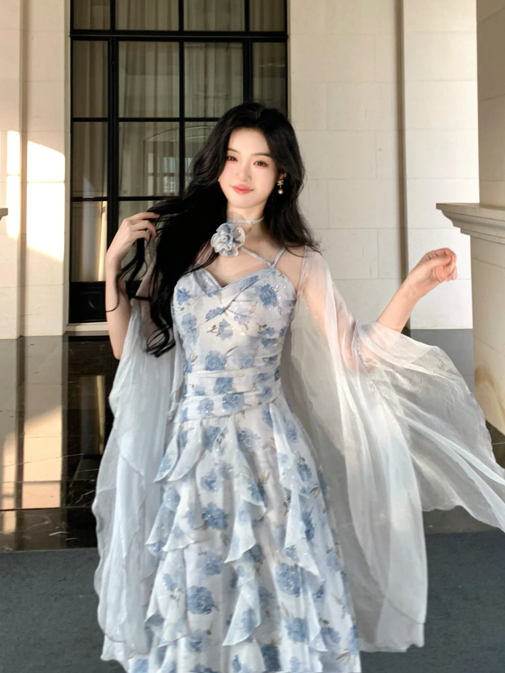 Whimsical Bloom Ruffle Chiffon Dress