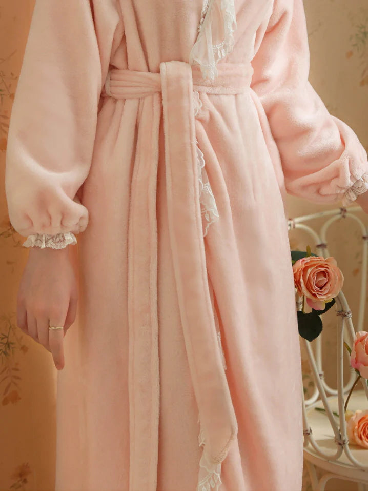 Velvet Lace-Trim Wrap Robe