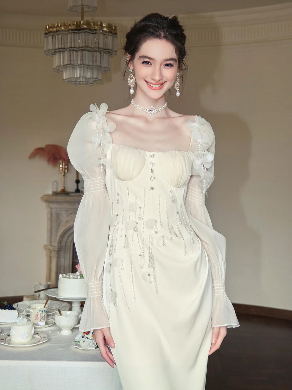 Whimsical Elegance Beaded Ivory Dress