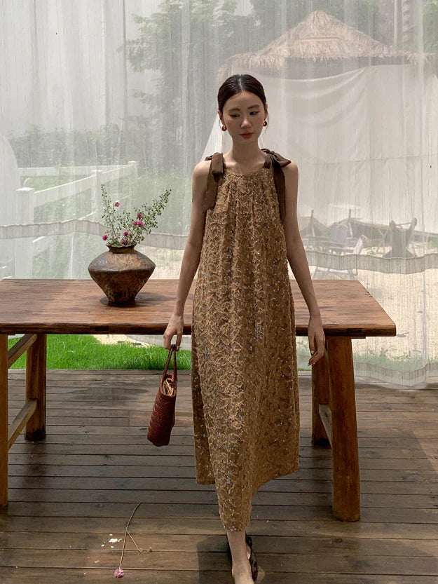 Golden Sequin Ribbon Strap Dress