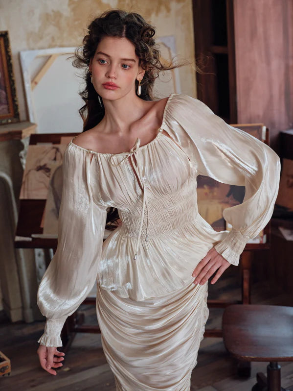 Pearl Ribbon Shirred Ivory Blouse