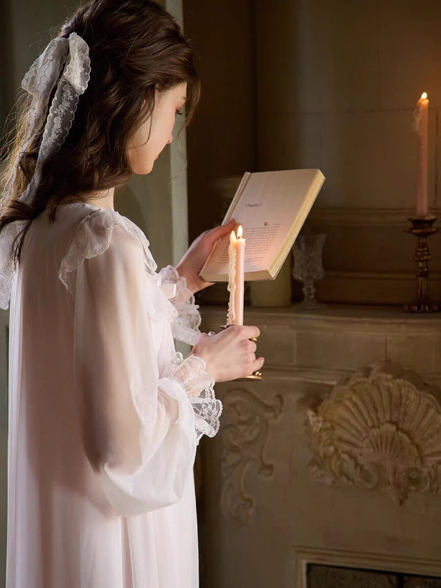 Ethereal Lace-Embroidered Long Nightdress