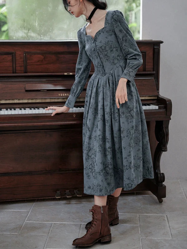 Antique Floral Melody Corduroy Dress