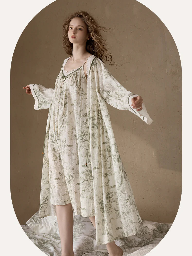 Woodland Toile Print Nightgown & Robe Set