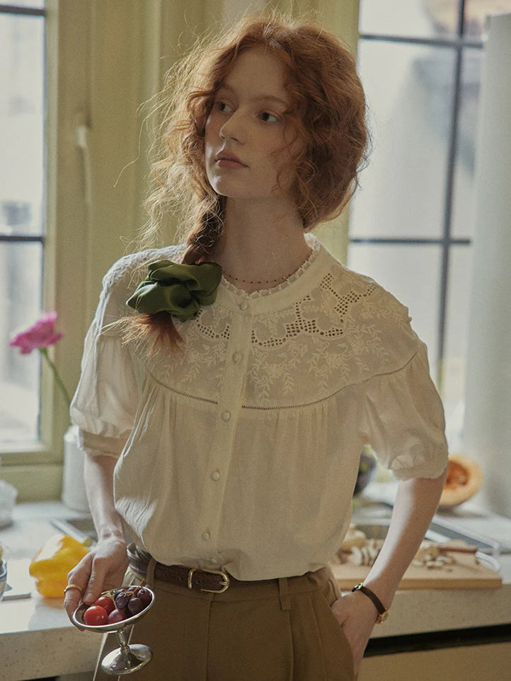 Victorian Lace Embroidered Cotton Blouse