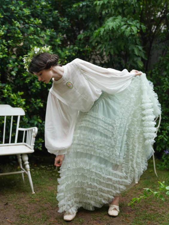 Embroidered Floral Brooch Linen Cotton Blouse