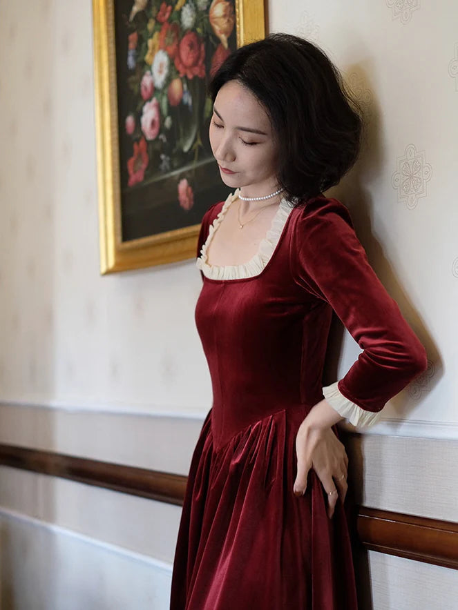 Ruffled Trim Royal Red Velvet Vintage Dress