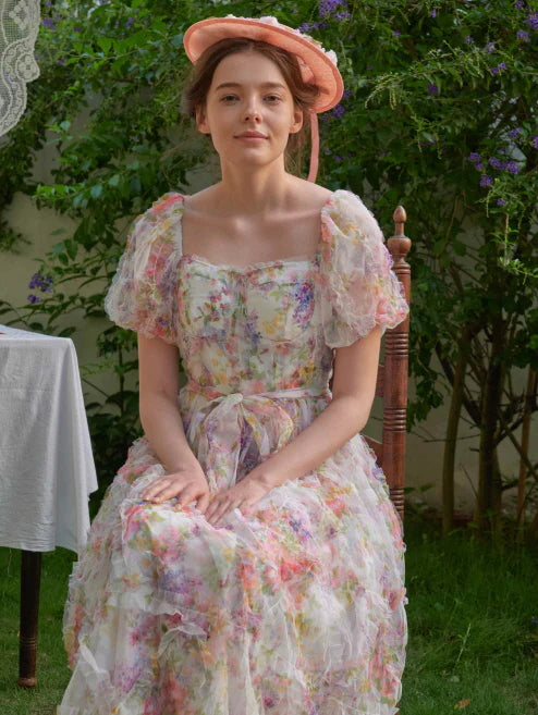 Blossom Whispers Ruffle Floral Puff Sleeve Dress